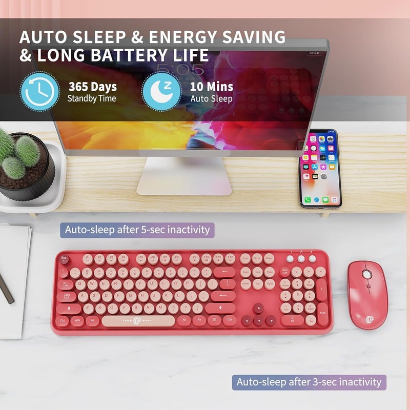 FD لوحة مفاتيح وفأرة لاسلكية | لوحة مفاتيح وفأرة ملونة لطيفة مع لوحة مفاتيح قديمة لاسلكية بتردد 2.4GHz | وضع السكون التلقائي | جهاز استقبال USB لجهاز الكمبيوتر/اللابتوب - لون وردي ملون - Image 5